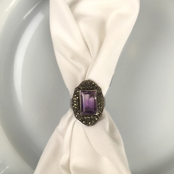 Vtg Sterling Silver Fine Marcasite Amethyst Ring ~ Vintage Cocktail Statement - Picture 3 of 14
